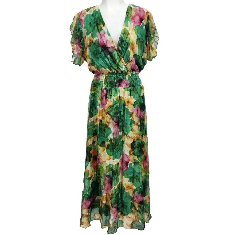 NWT LA RAGAZZE Women’s Floral Italian Silk Blend Maxi Dress - Picture 1 of 14